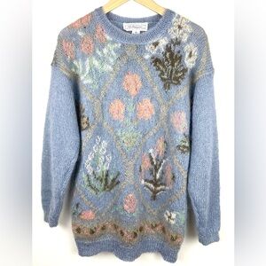 Vintage 80’s 90’s Hong Kong Floral Knit Mohair Wool Sweater
